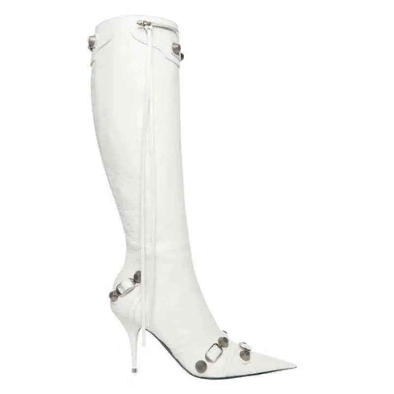 Metallic Buckle High Shaft British Pointed Toe Stiletto Tassel Boots