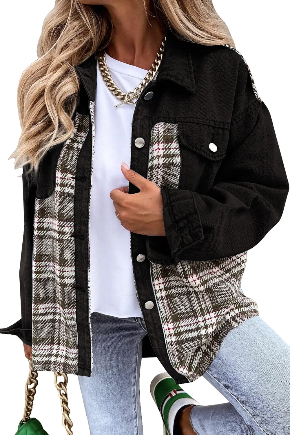 Patchwork Plaid Denim Lapel Jacket with Pockets