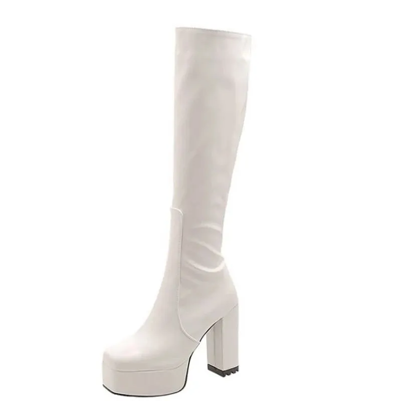 Platform Knee High Boots Square Toe Block Heels Zipper Rubber Sole