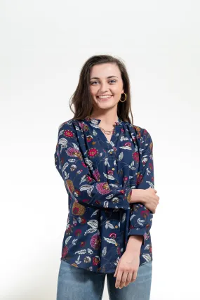 The Serena Block Print Shirt in Navy Floral