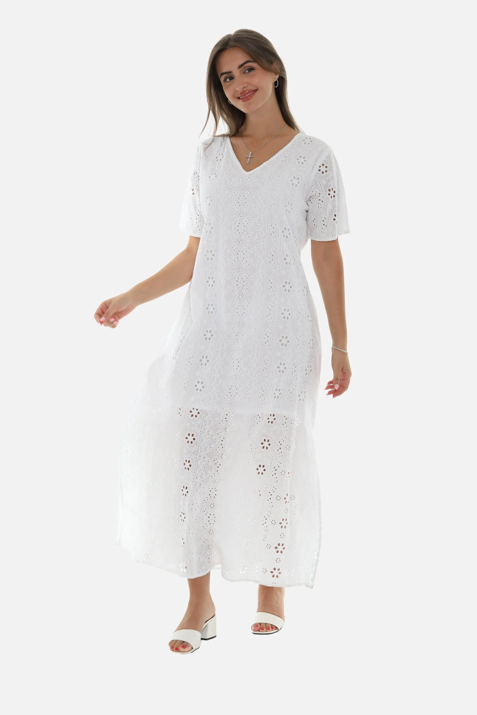 White Eyelet Half-Sleeve V-Neck Maxi Dress